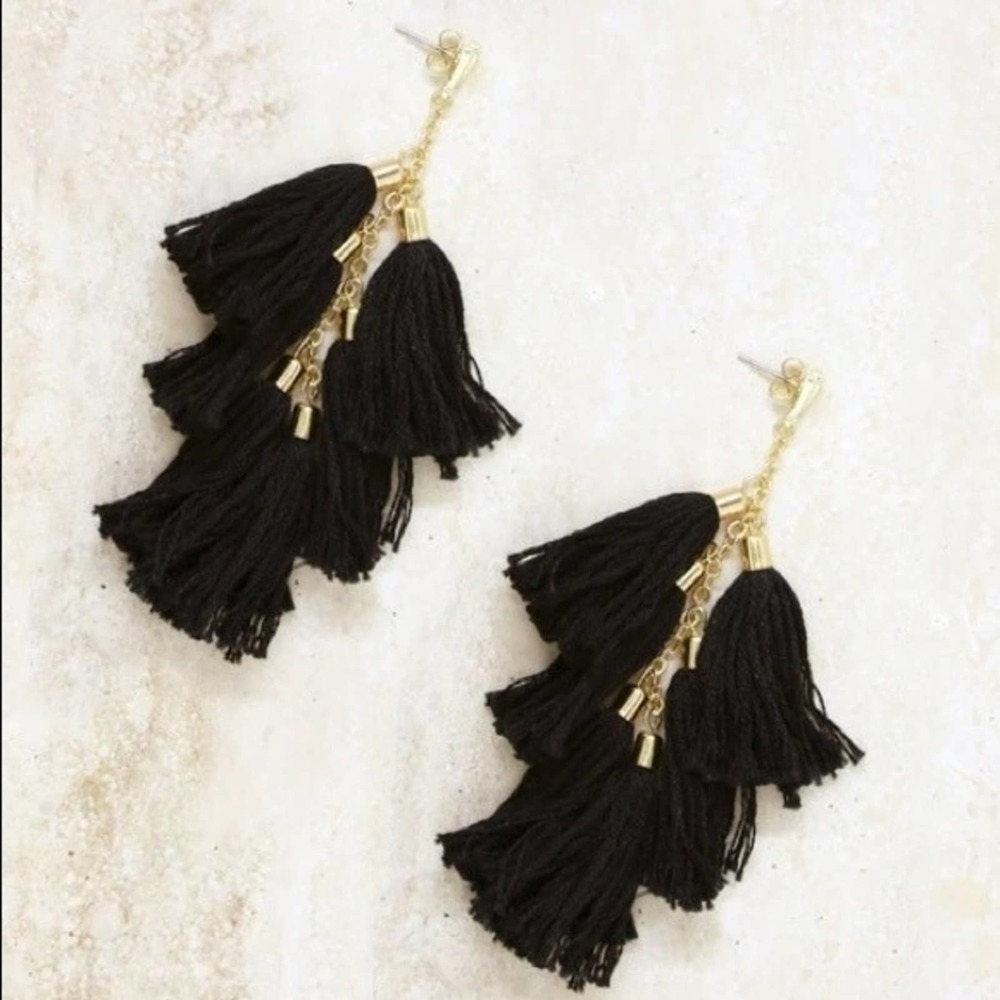 Ettika Daydreamer Black Gold Tassel Earrings Gold Nickel Free Revolve